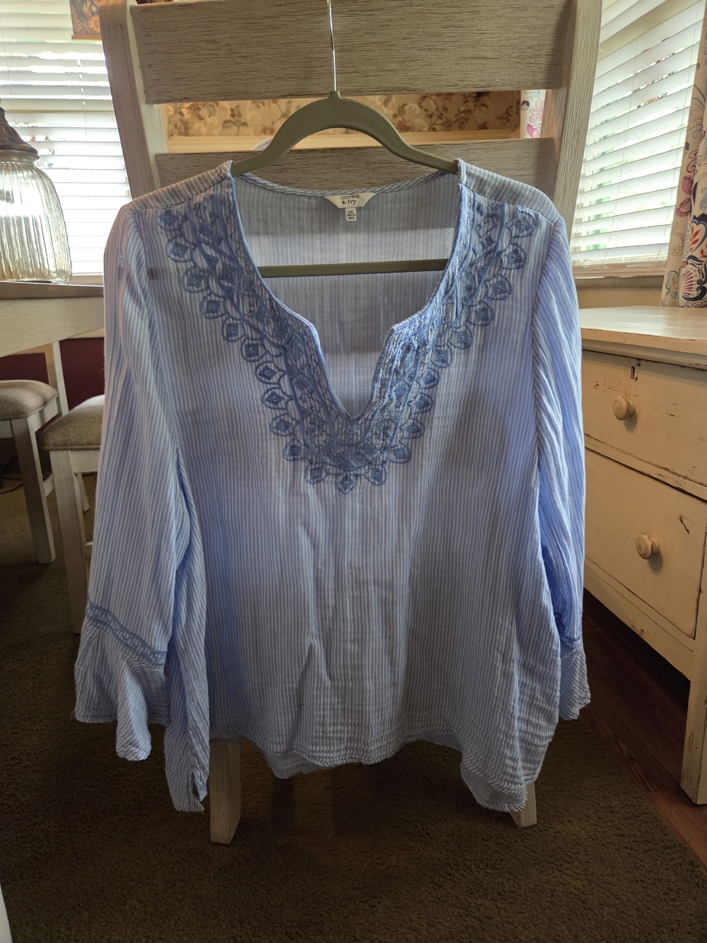crown & ivy Light Blue Embroidered V-Neck Tunic